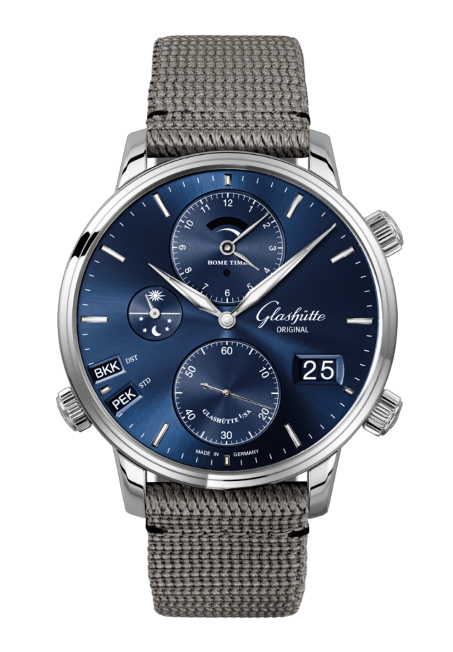 Glashuette Original Senator Cosmopolite 44 mm Blue Dial Stainless Steel Synthetic, Grey Strap 1-89-02-05-02-66