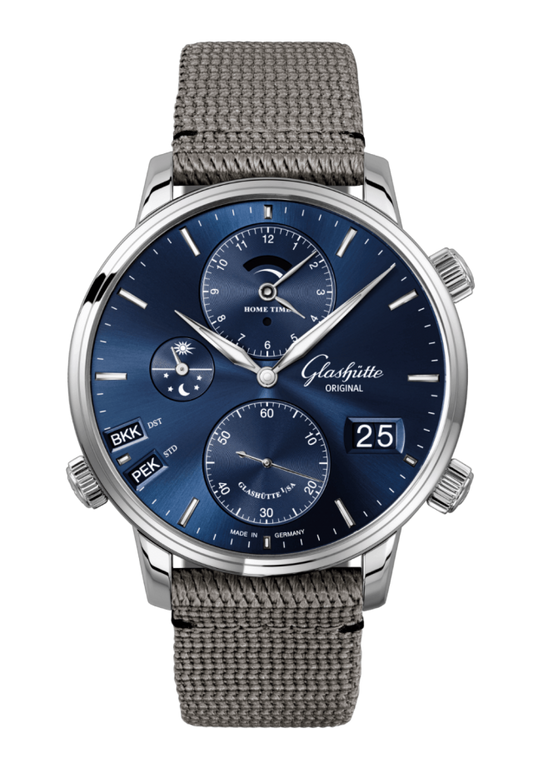 Glashuette Original Senator Cosmopolite 44 mm Blue Dial Stainless Steel Synthetic, Grey Strap 1-89-02-05-02-66