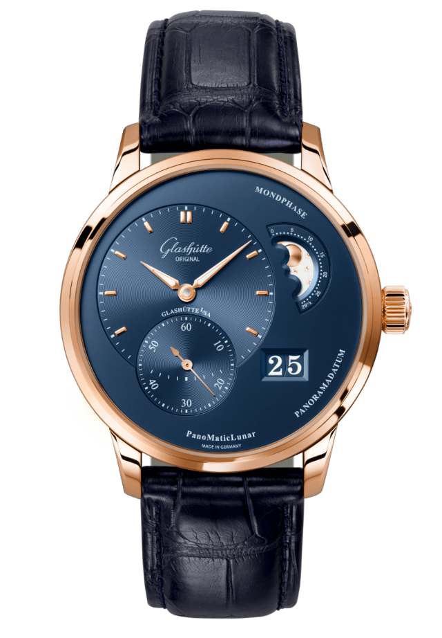 Glashuette Original Pano Matic Lunar 40 mm Blue Dial Red Gold Louisiana Alligator Leather Strap, Blue 1-90-02-11-35-61