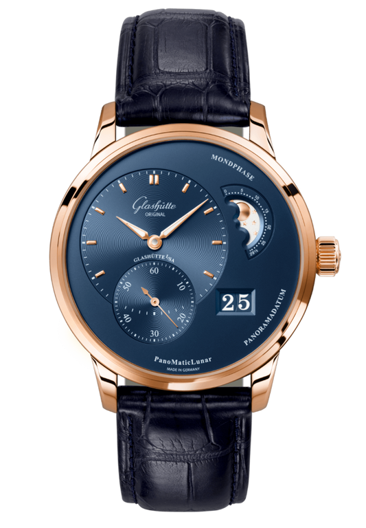 Glashuette Original Pano Matic Lunar 40 mm Blue Dial Red Gold Louisiana Alligator Leather Strap, Blue 1-90-02-11-35-61