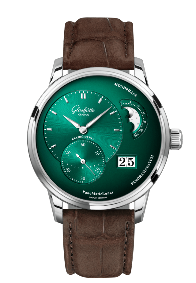 Glashuette Original Pano Matic Lunar 40 mm Green Dial Stainless Steel Louisiana Alligator Nubuk Leather Strap, Brown 1-90-02-13-32-62