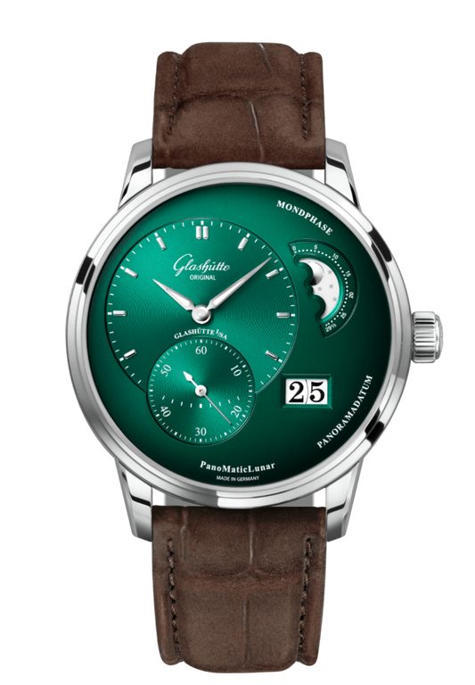 Glashuette Original Pano Matic Lunar 40 mm Green Dial Stainless Steel Louisiana Alligator Nubuk Leather Strap, Brown 1-90-02-13-32-62