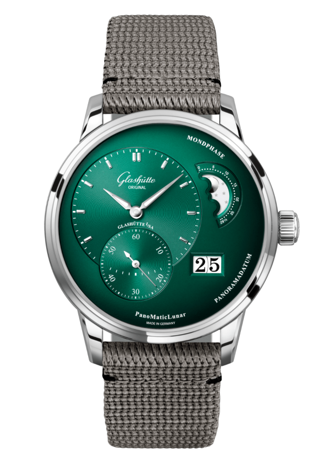 Glashuette Original Pano Matic Lunar 40 mm Green Dial Stainless Steel Synthetic, Grey Strap 1-90-02-13-32-66