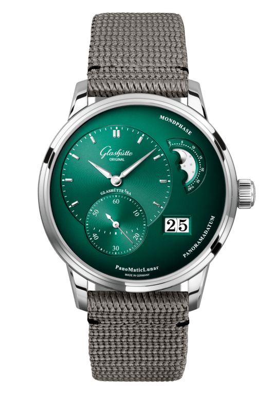 Glashuette Original Pano Matic Lunar 40 mm Green Dial Stainless Steel Synthetic, Grey Strap 1-90-02-13-32-66