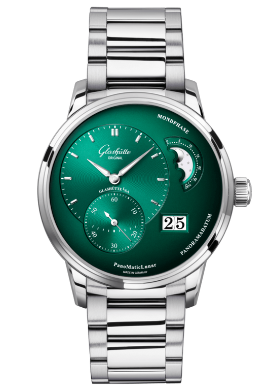 Glashuette Original Pano Matic Lunar 40 mm Green Dial Stainless Steel Metal Bracelet 1-90-02-13-32-70