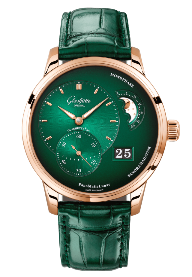 Glashuette Original Pano Matic Lunar 40 mm Green Dial Red Gold Louisiana Alligator Leather Strap, Green 1-90-02-23-35-61