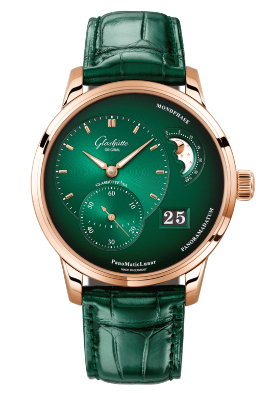 Glashuette Original Pano Matic Lunar 40 mm Green Dial Red Gold Louisiana Alligator Leather Strap, Green 1-90-02-23-35-61