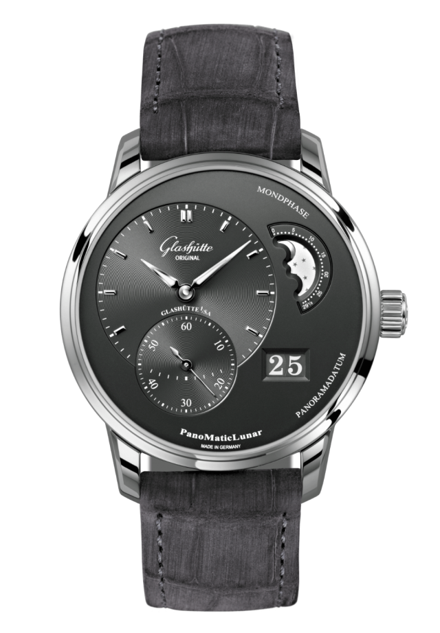 Glashuette Original PanoMaticLunar 40 mm Galvanized Ruthenium Dial Stainless Steel Louisiana Alligator Nubuk Leather Strap 1-90-02-43-32-62