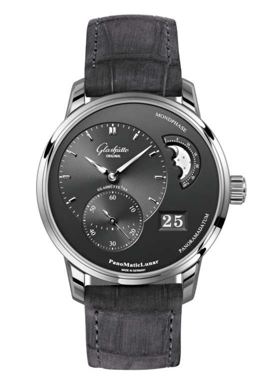 Glashuette Original PanoMaticLunar 40 mm Galvanized Ruthenium Dial Stainless Steel Louisiana Alligator Nubuk Leather Strap 1-90-02-43-32-62