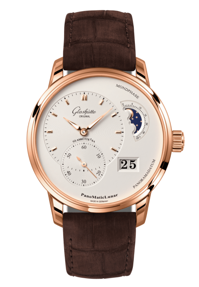 Glashuette Original Pano Matic Lunar 40 mm Silver  Dial Red Gold Louisiana Alligator Nubuk Leather Strap, Brown 1-90-02-45-35-62