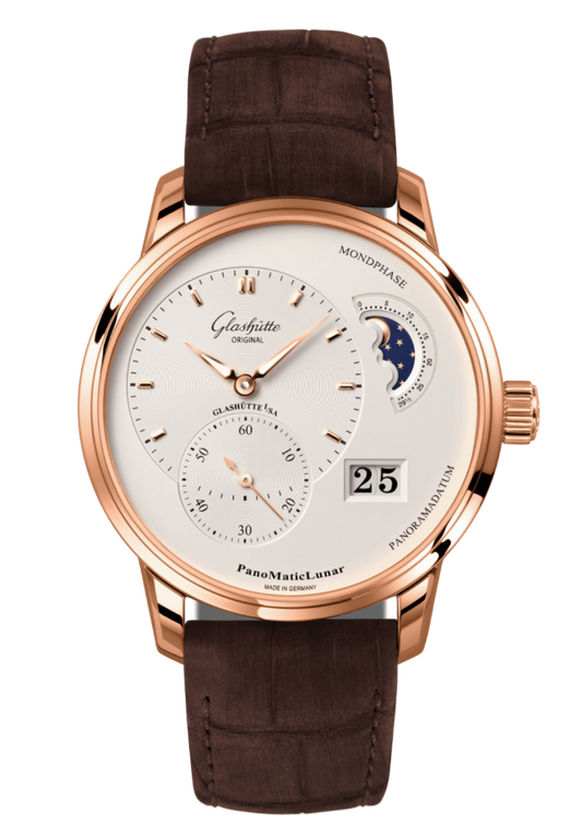 Glashuette Original Pano Matic Lunar 40 mm Silver  Dial Red Gold Louisiana Alligator Nubuk Leather Strap, Brown 1-90-02-45-35-62