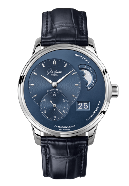 Glashuette Original PanoMaticLunar 40 mm Radiant Blue Dial Stainless Steel Louisiana Alligator Leather Strap 1-90-02-46-32-61