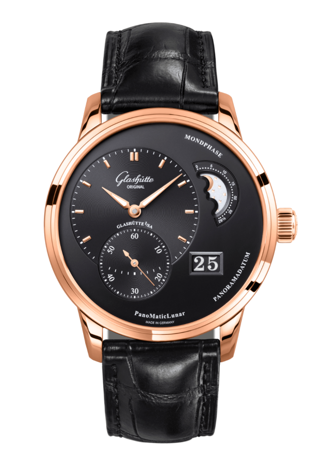 Glashuette Original Pano Matic Lunar 40 mm Black Dial Red Gold Louisiana Alligator Leather Strap, Black 1-90-02-49-35-61