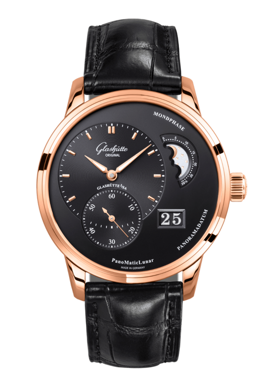 Glashuette Original Pano Matic Lunar 40 mm Black Dial Red Gold Louisiana Alligator Leather Strap, Black 1-90-02-49-35-61