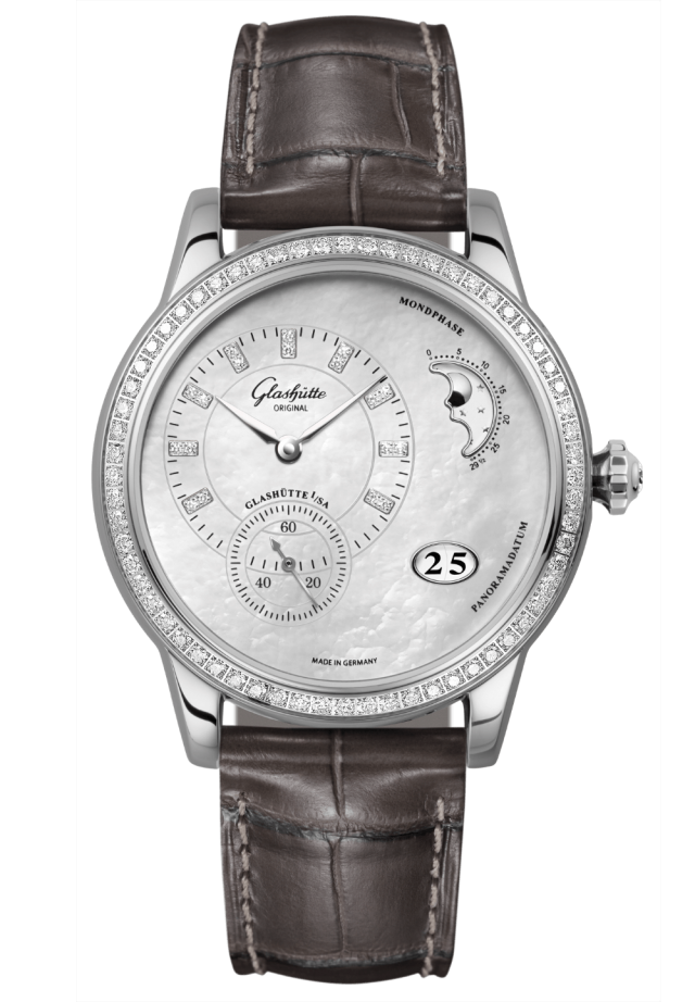 Glashuette Original Panomatic Luna 39.4 mm Mother-Of-Pearl Light Grey Dial Stainless Steel Louisiana Alligator Leather Strap 1-90-12-01-12-02