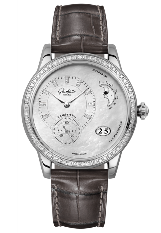 Glashuette Original Panomatic Luna 39.4 mm Mother-Of-Pearl Light Grey Dial Stainless Steel Louisiana Alligator Leather Strap 1-90-12-01-12-02