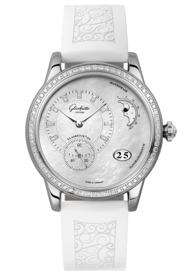 Glashuette Original Panomatic Luna 39.40 mm Mother-Of-Pearl Light Grey Dial Stainless Steel Rubber With Embossing 1-90-12-01-12-04