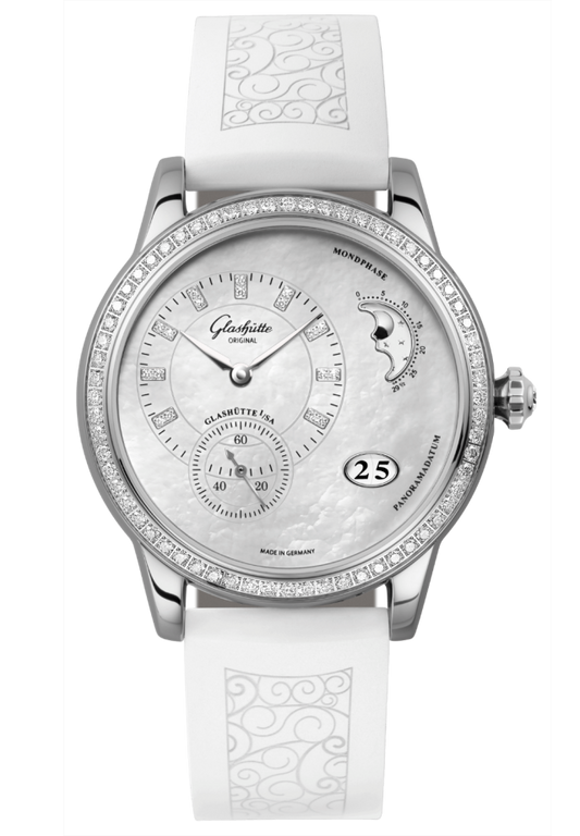 Glashuette Original Panomatic Luna 39.40 mm Mother-Of-Pearl Light Grey Dial Stainless Steel Rubber With Embossing 1-90-12-01-12-04