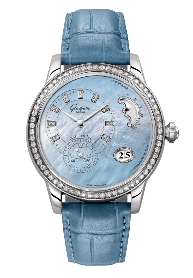 Glashuette Original Panomatic Luna 39.40 mm Mother-Of-Pearl Blue Dial Stainless Steel Louisiana Alligator Leather Strap 1-90-12-03-12-02