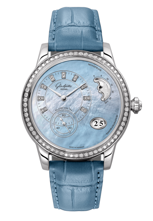 Glashuette Original Panomatic Luna 39.40 mm Mother-Of-Pearl Blue Dial Stainless Steel Louisiana Alligator Leather Strap 1-90-12-03-12-02