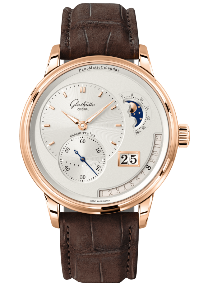 Glashuette Original Pano Matic Calendar 42 mm Silver  Dial Red Gold Louisiana Alligator Nubuk Leather Strap, Brown 1-92-09-02-05-62