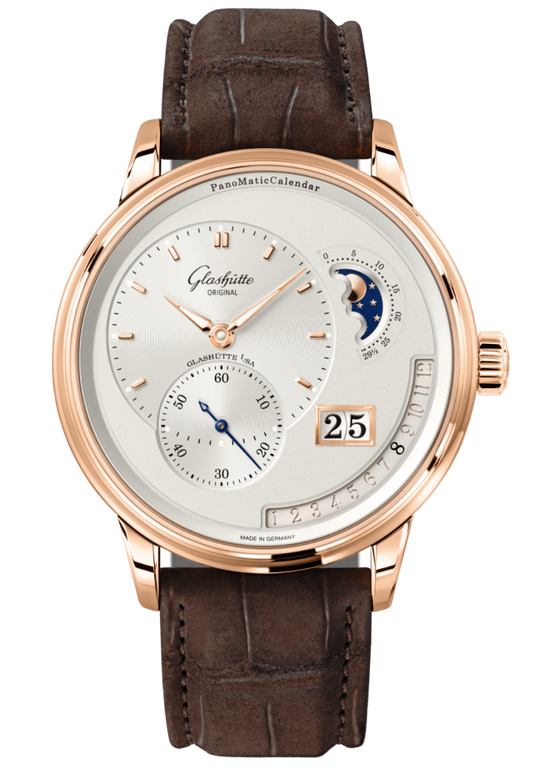 Glashuette Original Pano Matic Calendar 42 mm Silver  Dial Red Gold Louisiana Alligator Nubuk Leather Strap, Brown 1-92-09-02-05-62