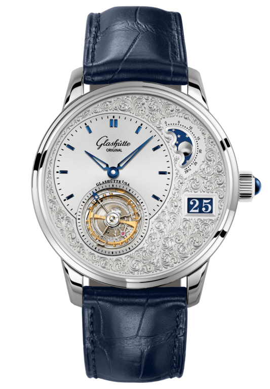 Glashuette Original PanoLunarTourbillon 40 mm Silver  Dial Platinum Louisiana Alligator leather strap 1-93-12-01-03-30