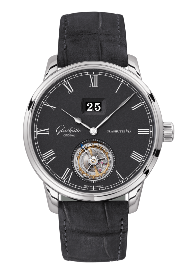 Glashuette Original Senator Tourbillon 42 mm Black Dial White Gold Louisiana Alligator Nubuk Leather Strap, Grey 1-94-03-04-04-04