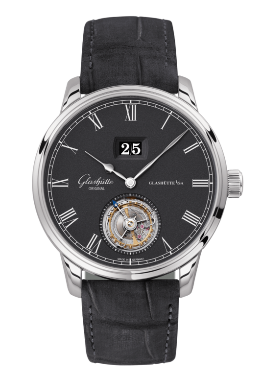 Glashuette Original Senator Tourbillon 42 mm Black Dial White Gold Louisiana Alligator Nubuk Leather Strap, Grey 1-94-03-04-04-04