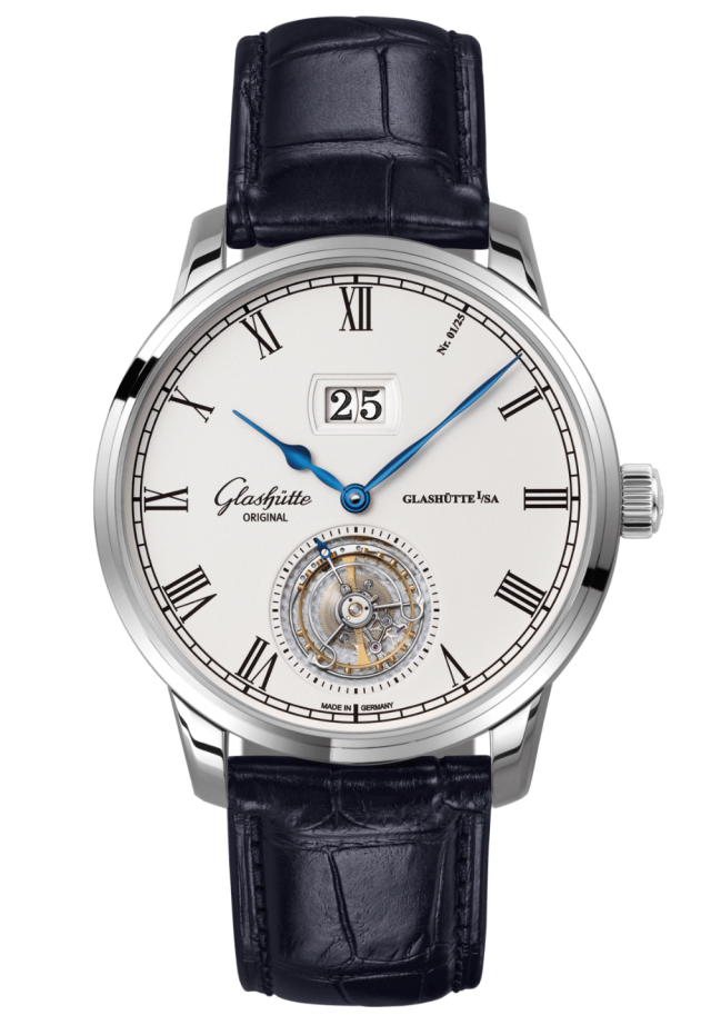 Glashuette Original Senator Tourbillon 42 mm White Dial White Gold Louisiana Alligator Leather Strap, Blue 1-94-03-05-04-30