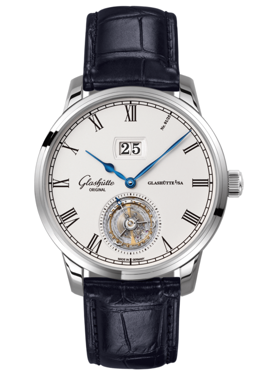 Glashuette Original Senator Tourbillon 42 mm White Dial White Gold Louisiana Alligator Leather Strap, Blue 1-94-03-05-04-30