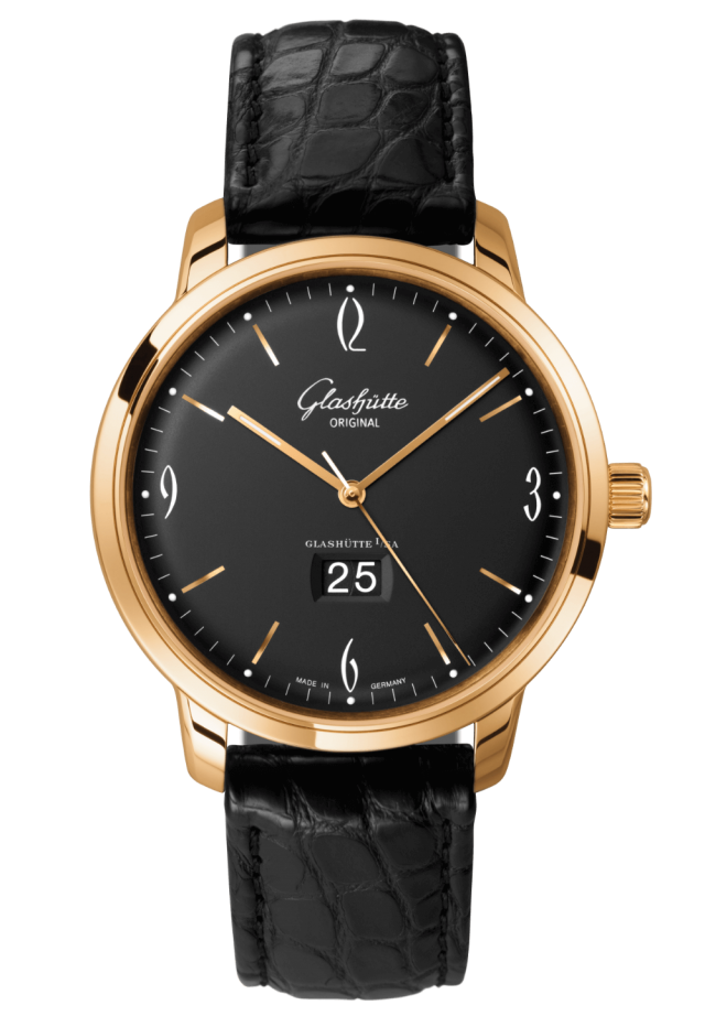 Glashuette Original Sixties Panorama Date 42 mm Black Dial Rose Gold Louisiana Alligator, Black 2-39-47-02-01-04