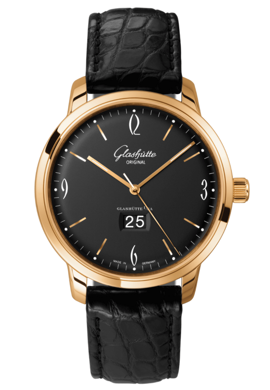 Glashuette Original Sixties Panorama Date 42 mm Black Dial Rose Gold Louisiana Alligator, Black 2-39-47-02-01-04