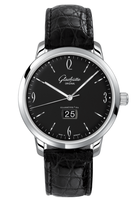 Glashuette Original Sixties Panorama Date 42 mm Black Dial Stainless Steel Louisiana Alligator, Black 2-39-47-03-02-04