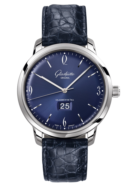 Glashuette Original Sixties Panorama Date 42 mm Blue Dial Stainless Steel Louisiana Alligator, Blue 2-39-47-06-02-04