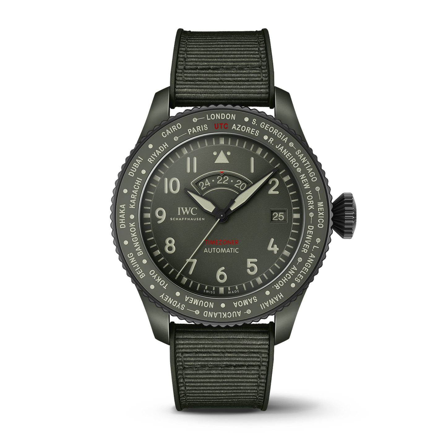 IWC Schaffhausen Pilot’s Watch Timezoner TOP GUN Woodland 46 mm Green Dial Ceramic Green Rubber Strap IW395601