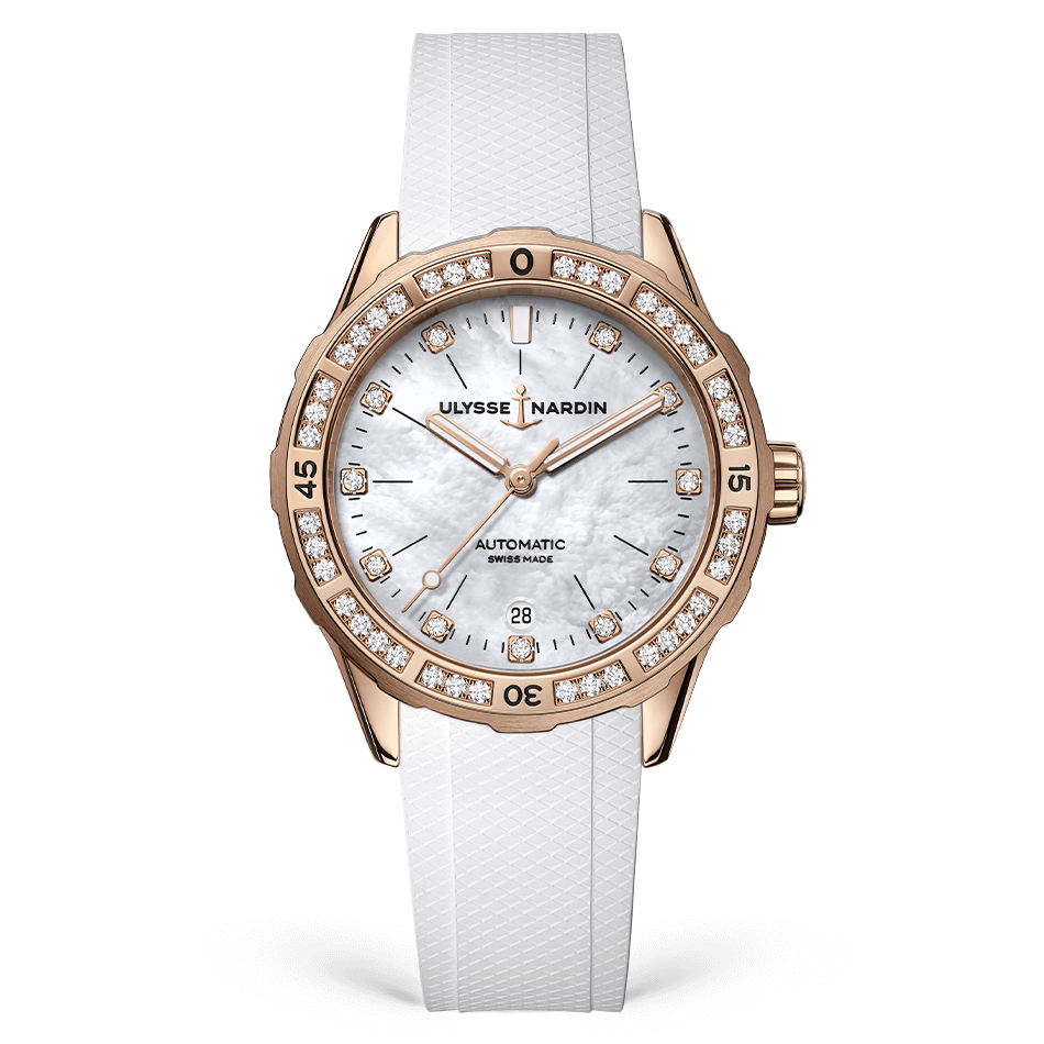 Ulysse Nardin Diver 39 mm White Mother-Of-Pearl Dial with Diamonds Steel /18Kt Rose Gold Rubber Strap 8162-182B1-0A/3A