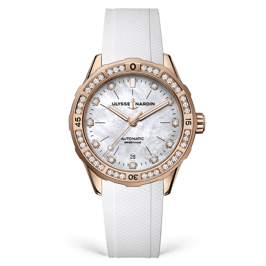 Ulysse Nardin Diver 39 mm White Mother-Of-Pearl Dial with Diamonds Steel /18Kt Rose Gold Rubber Strap 8162-182B1-0A/3A