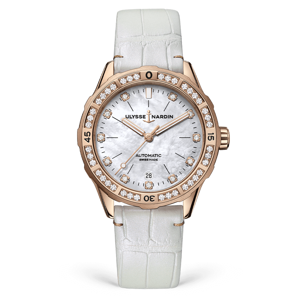 Ulysse Nardin Diver 39 mm White Mother-Of-Pearl Dial with Diamonds Steel /18Kt Rose Gold Leather Strap 8162-182B/10