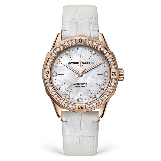 Ulysse Nardin Diver 39 mm White Mother-Of-Pearl Dial with Diamonds Steel /18Kt Rose Gold Leather Strap 8162-182B/10