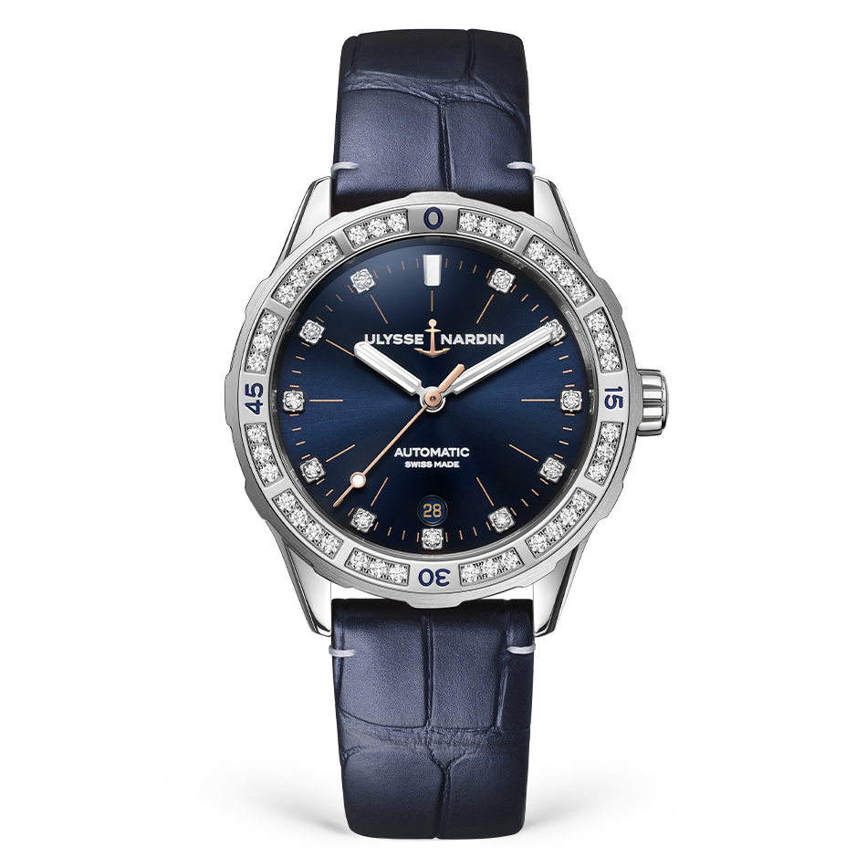 Ulysse Nardin Diver 39 mm Dark Blue Dial with Diamonds Stainless Steel Leather Strap 8163-182B.1/13