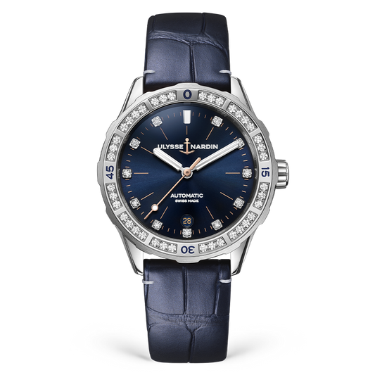 Ulysse Nardin Diver 39 mm Dark Blue Dial with Diamonds Stainless Steel Leather Strap 8163-182B.1/13