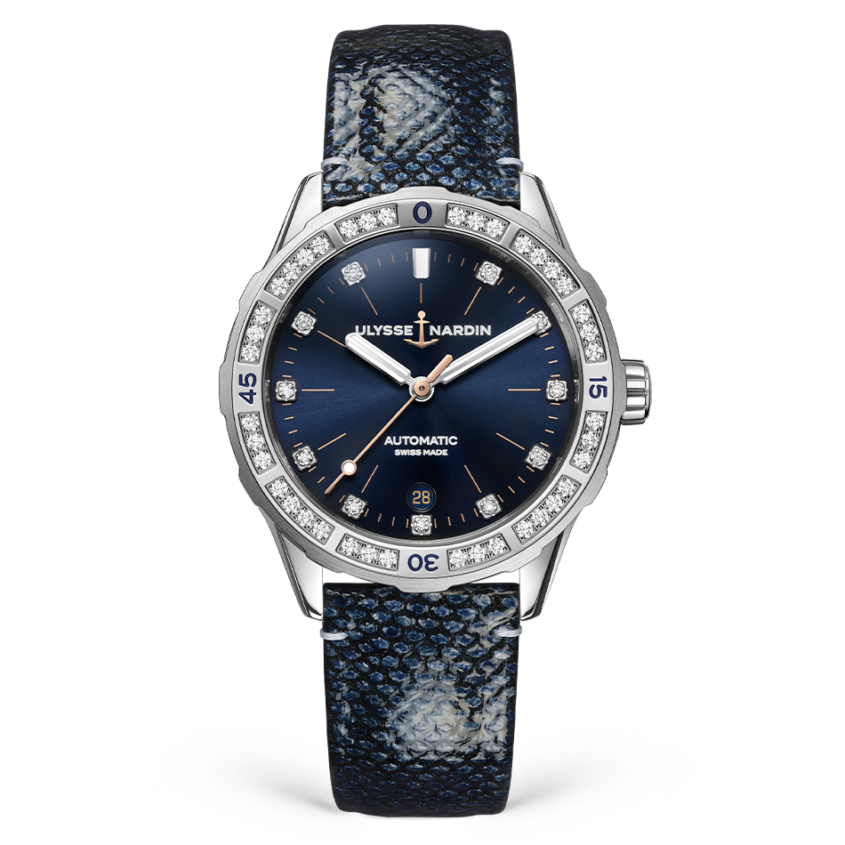 Ulysse Nardin Diver 39 mm Dark Blue Dial with Diamonds Stainless Steel Leather Strap 8163-182B.2/13