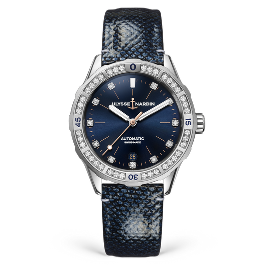 Ulysse Nardin Diver 39 mm Dark Blue Dial with Diamonds Stainless Steel Leather Strap 8163-182B.2/13