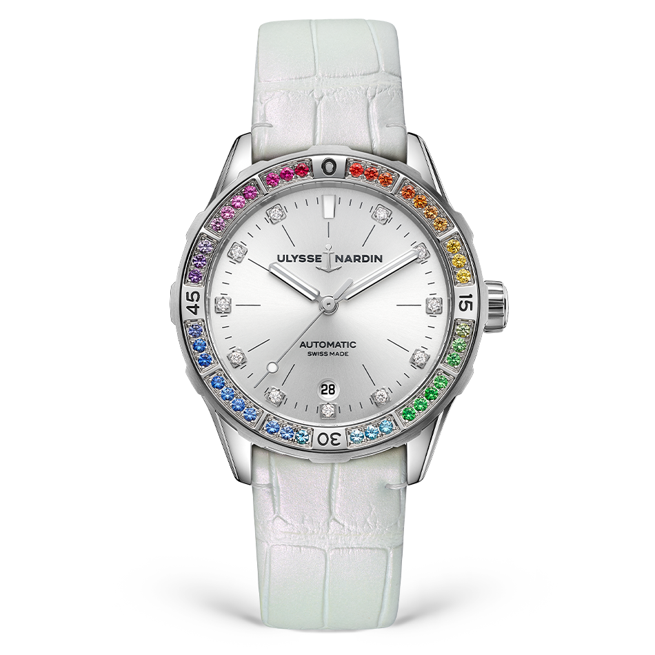 Ulysse Nardin Diver Rainbow 39 mm Silver Dial with Diamonds Stainless Steel Leather Strap 8163-182B1LE-1A-RAIN/1A