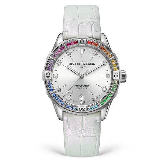 Ulysse Nardin Diver Rainbow 39 mm Silver Dial with Diamonds Stainless Steel Leather Strap 8163-182B1LE-1A-RAIN/1A