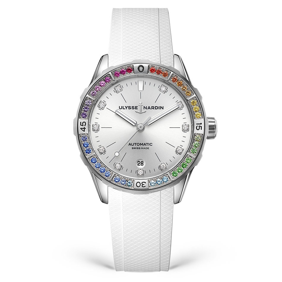 Ulysse Nardin Diver Rainbow 39 mm Silver  Dial with Diamonds Stainless Steel Rubber Strap 8163-182B1LE-1A-RAIN/3A