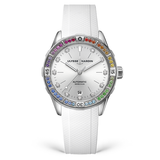 Ulysse Nardin Diver Rainbow 39 mm Silver  Dial with Diamonds Stainless Steel Rubber Strap 8163-182B1LE-1A-RAIN/3A