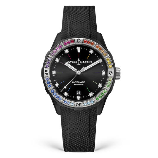 Ulysse Nardin Diver Rainbow 39 mm Black Dial with Diamonds Stainless Steel Leather Strap 8163-182B1LE-2A-RAIN/1A