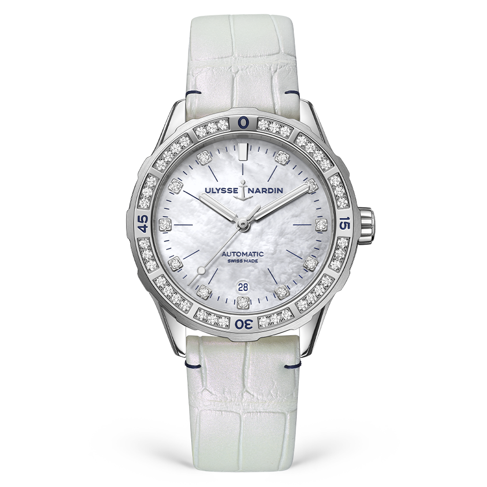 Ulysse Nardin Diver 39 mm White Mother-Of-Pearl Dial with Diamonds Stainless Steel Leather Strap 8163-182B/10